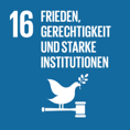 SDG-Icon SDG-Icon blau-weiß mit Schriftzug Frieden, Gerechtigkeit und starke Institutionen