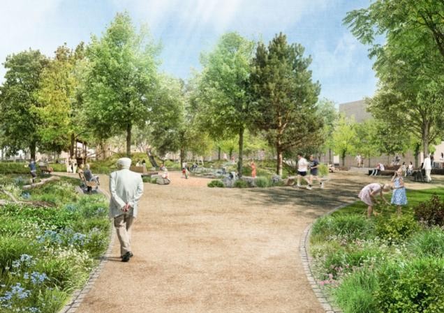 Visualisierung eines grünen Parks mit Bäumen und mit breiten Sandwegen