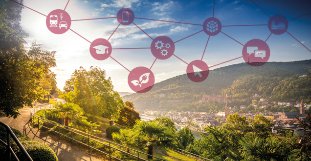 Open Data Portal Ausblick vom Philosophenweg auf Heidelberg, darüber ist ein Datennetz gespannt