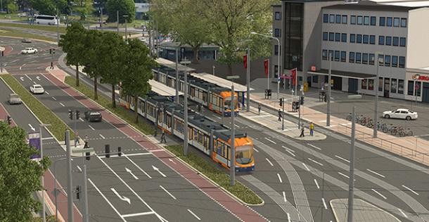 Visualisierung der neuen Haltestelle am Hauptbahnhof (Grafik: rnv) Die Visualisierung zeigt wie zwei Straßenbahnen an der neuen Haltestelle Hauptbahnhof halten (Grafik: rnv)