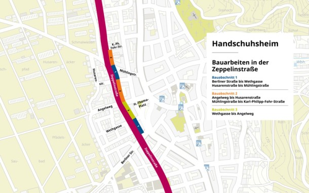 Die Arbeiten in der Zeppelinstraße werden in drei aufeinander folgenden Bauabschnitten umgesetzt. Jeder Bauabschnitt dauert rund eine Woche. Während dieser Zeit ist der Straßenbereich für Autos und Fahrräder vollgesperrt. Zu Fuß kann der betroffene Abschnitt durchquert werden. (Foto: Stadt Heidelberg) Karte