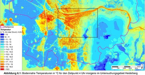 Kartenansicht von Heidelberg, auf der Temperaturunterschiede dargestellt sind (Foto: GEO-NET Umweltconsulting GmbH) Kartenansicht von Heidelberg, auf der Temperaturunterschiede dargestellt sind