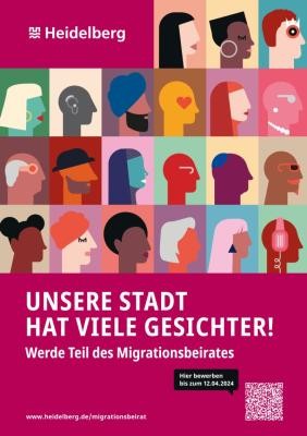 „Unsere Stadt hat viele Gesichter!“: Mit diesem Slogan sucht die Stadt Heidelberg Menschen mit Migrationshintergrund, die sich im künftigen Migrationsbeirat engagieren möchten. (Foto: Stadt Heidelberg) Plakat für den Migrationsbeirat der Stadt Heidelberg mit gezeichneten Personen diverser Ethnien