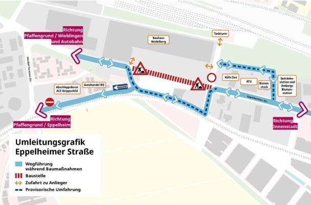Grafik zur Umleitung in der Eppelheimer Straße. (Grafik: Stadt Heidelberg) Grafik zur Umleitung in der Eppelheimer Straße.
