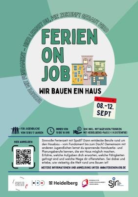 Veranstaltungsplakat FerienOnJob 2025 Türkises Veranstaltungsplakat mit der Aufschrift "Ferien On Job", daneben einige gezeichnete Häuser.