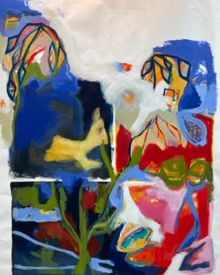 Das titelgebende Werk „Harmonie der Kontraste“ der Künstlerin Laura Figueiredo-Brandt. Sie präsentiert vom 6. November 2025 bis zum 23. Januar 2026 ihre Werke im Bürgeramt Mitte, Bergheimer Straße 69. (Foto: Laura Figueiredo-Brandt) Zu sehen ist ein Gemälde welches abstrakt Papageien in all ihrer Farbpracht zeigt. Dabei kontrastieren und verschwimmen die Farben harmonisch