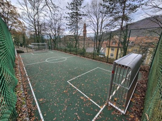 Der Bolzplatz am Oberen Faulen Pelz kann nach der Sanierung wieder genutzt werden. (Foto: Stadt Heidelberg) Zu sehen ist der mit Herbstlaub bedeckte grüne Bolzplatz. Im Hintergrund sieht man den Turm der Heiliggeistkirche. Der Bolzplatz ist von einem Käfig umgeben.