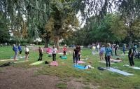 Yoga ist eine der Sportarten, die bei Sport im Park kostenlos ausprobiert werden können – wie hier beim wöchentlichen Kurs im Grahampark in Handschuhsheim oder bei der Veranstaltung am 28. August auf dem Airfield. (Foto: Stadt Heidelberg) Menschen machen gemeinsam auf einer Wiese Sport