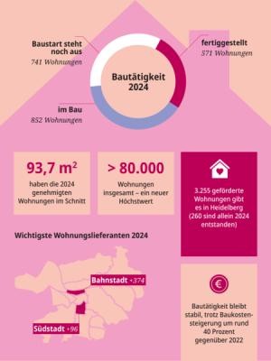 Grafische Übersicht zur Bautätigkeit in Heidelberg 2024 (Grafik: Stadt Heidelberg) Zu sehen ist eine Grafik, die Daten innerhalb eines pinken Hausumrisses darstellt.