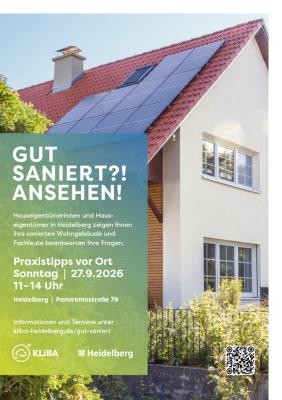 Plakat "Gut Saniert?! Ansehen!" (Foto: KLiBA) Plakat für den Aktionstag "Gut Saniert?! Ansehen!". Im Hintergrund ist ein saniertes Gebäude mit Photovoltaikanlage zu sehen. (Foto: KLiBA)