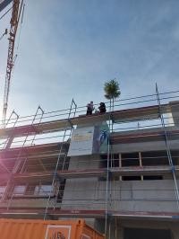 Den Richtspruch gab es vor strahlend blauem Himmel. Ab 2023 sollen hier junge Hi-Tech Unternehmen und Start-ups einziehen. (Bild: Stadt Heidelberg) Zwei Handwerker geben den Richtspruch auf dem Gerüst eines Rohbaus vor strahlend blauem Himmel