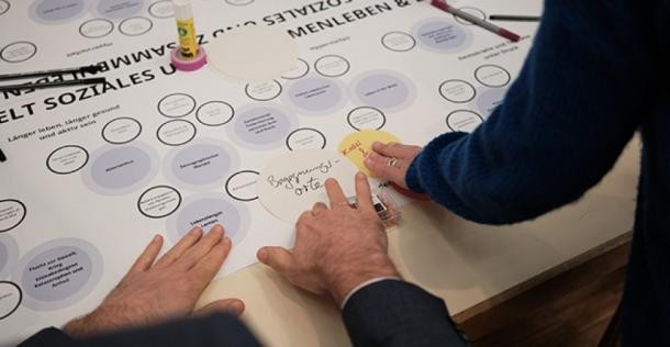 Konflikte und Synergien Hände auf einem Plakat auf einem Tisch