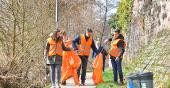 Menschen sammeln in orangefarbenen Warnwesten und Mülltüten Müll auf (Foto: Dorn)