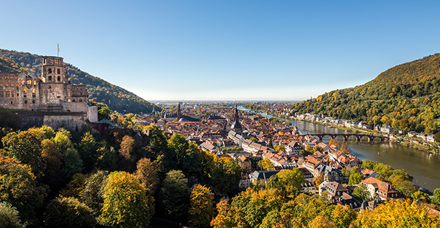 Heidelberg im bunten Herbstlaub: Blick auf Schloss, Altstadt und Neckar. (Foto: Dittmer)      